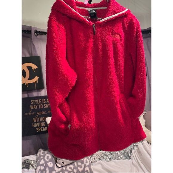 Tnf- north face bright red fuzzy full zip up (like osito)fleece Jacket/coat - Picture 1 of 6